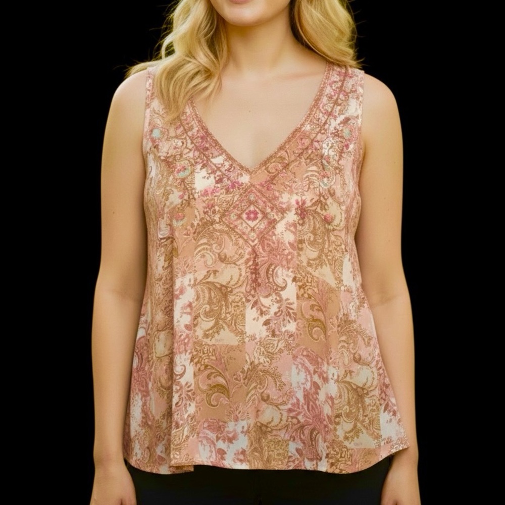 SAVANNA JANE Size 1X Sleeveless Top Patchwork Print Embroidered Pink V- Neck NWT
